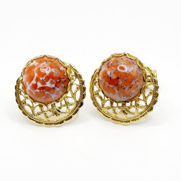 Speckled Art Glass Gold Tone Filigree Cufflinks - Picture 1 of 2